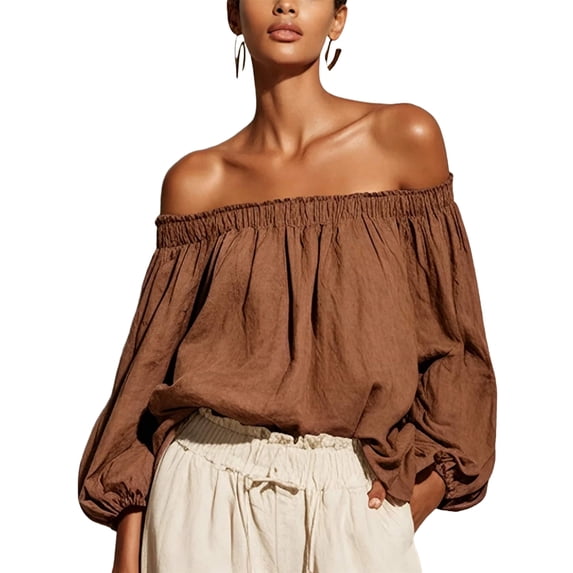 WULMLEO Women Off Shoulder Cotton Linen Tops Ruffle Sleeve Loose Shirt Blouse Brown M