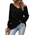 thumbnail image 1 of WULMLEO Women Off Shoulder Wrap Ribbed Knit Sweaters Long Sleeve Loose Cross Front Pullover Tops Black S, 1 of 6