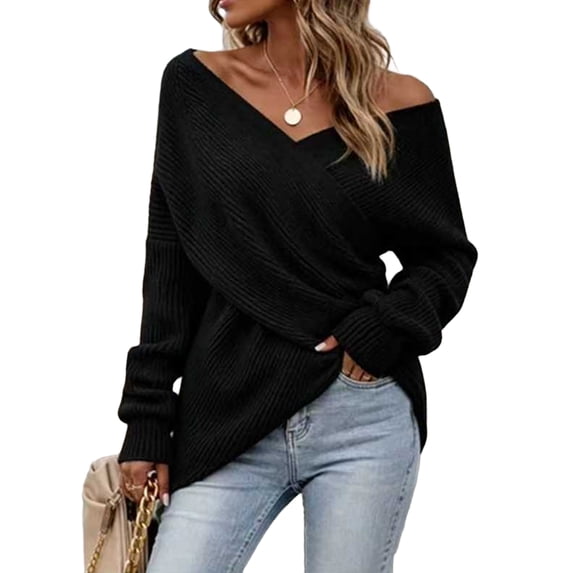 WULMLEO Women Off Shoulder Wrap Ribbed Knit Sweaters Long Sleeve Loose Cross Front Pullover Tops Black S
