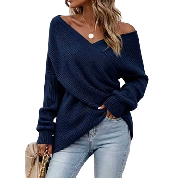 WULMLEO Women Off Shoulder Wrap Ribbed Knit Sweaters Long Sleeve Loose Cross Front Pullover Tops Navy S