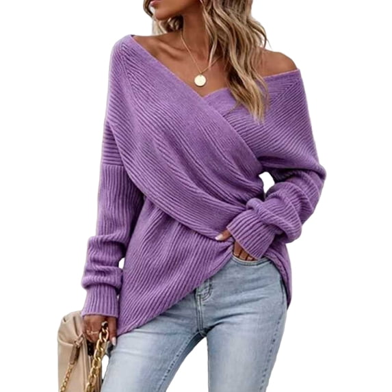 WULMLEO Women Off Shoulder Wrap Ribbed Knit Sweaters Long Sleeve Loose Cross Front Pullover Tops Purple M