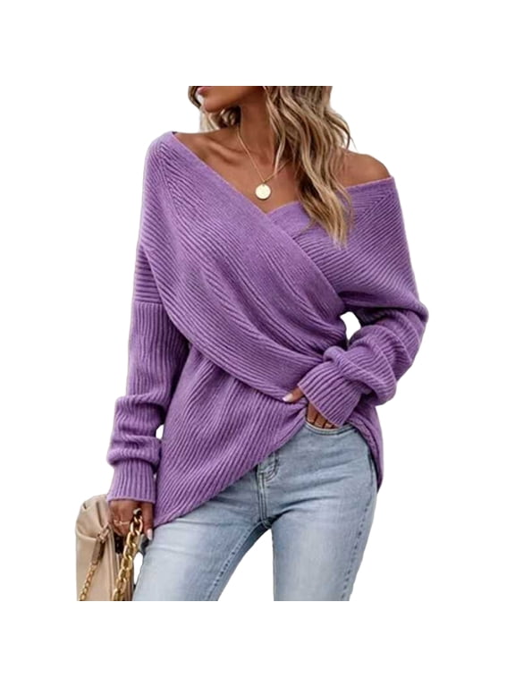 Women Off Shoulder Wrap Ribbed Knit Sweaters Long Sleeve Loose Cross Front Pullover Tops Purple S
