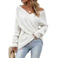 thumbnail image 1 of WULMLEO Women Off Shoulder Wrap Ribbed Knit Sweaters Long Sleeve Loose Cross Front Pullover Tops White L, 1 of 5
