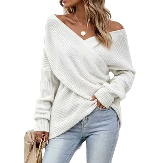 WULMLEO Women Off Shoulder Wrap Ribbed Knit Sweaters Long Sleeve Loose Cross Front Pullover Tops White L