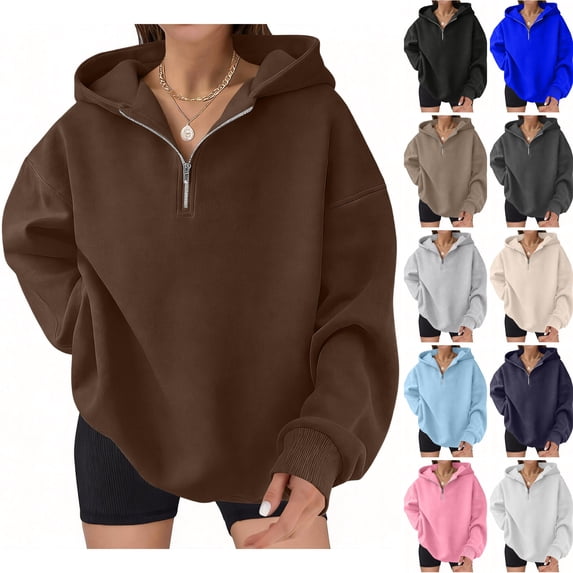 WULMLEO Women Oversized Quarter Zip Hoodies Solid Color Long Sleeve Drop Shoulder Soft Pullover Casual Loose Fit Daily Lounge Workout Hooded Sweatshirts Coffee 2XL