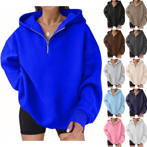 WULMLEO Women Oversized Quarter Zip Hoodies Solid Color Long Sleeve Drop Shoulder Soft Pullover Casual Loose Fit Daily Lounge Workout Hooded Sweatshirts Blue 3XL