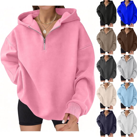 WULMLEO Women Oversized Quarter Zip Hoodies Solid Color Long Sleeve Drop Shoulder Soft Pullover Casual Loose Fit Daily Lounge Workout Hooded Sweatshirts Pink XL