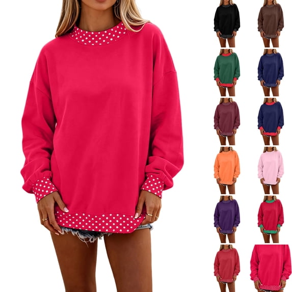 WULMLEO Women Polka Dot Mockneck Sweatshirt Y2k Long Sleeve Pullover Top Hot Pink L