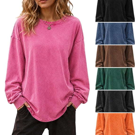 WULMLEO Women Retro Vintage Wash Sweatshirts Long Sleeve Crewneck Tops Oversized Loose Curved Hem Soft Lightweight Fall Daily Wear Tees Hot Pink M