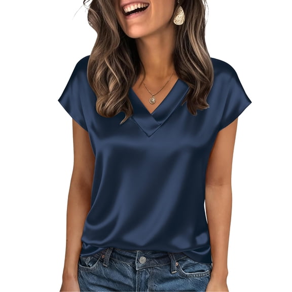 WULMLEO Women Silk Satin Tops Trendy V Neck Pullover Tops Comfortable Soft Solid Color T-Shirts Classic Loose Summer Shirts Navy S