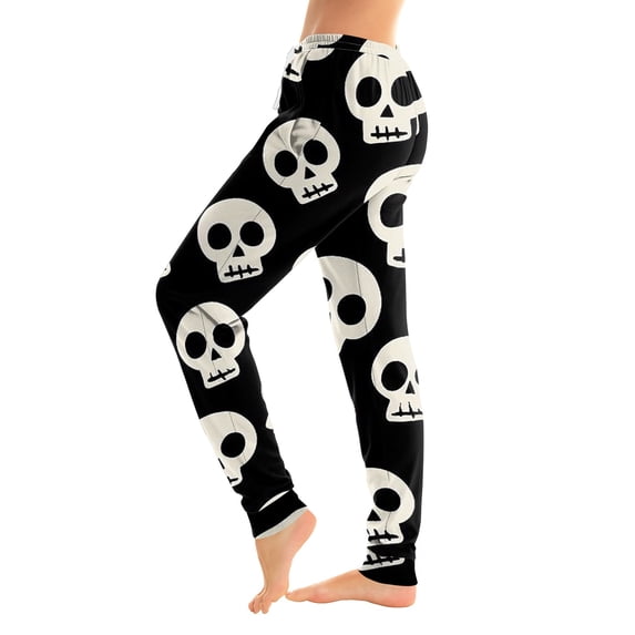 WULMLEO Women Soft Halloween Gothic Loungewear Jogger Pants, Skull Rose Floral Print, Adjustable Drawstring Elastic Waist Cuffed Ankle Casual Sleep Pajama Trousers Gray 3XL