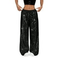 thumbnail image 1 of WULMLEO Women Sparkly Sequin Wide Leg Pants Shiny Elastic Low Rise Drawstring Palazzo Pant Glitter Baggy Party Long Trouser Black L, 1 of 7