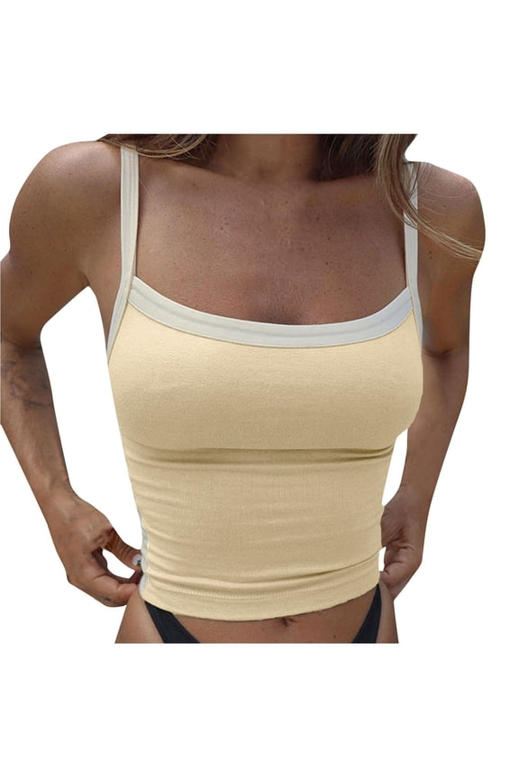 Women Strappy Square Neck Tank Top Color Block Sleeveless Cropped Cami Y2k Egirl Crop Vest Shirt Streetwear Beige M