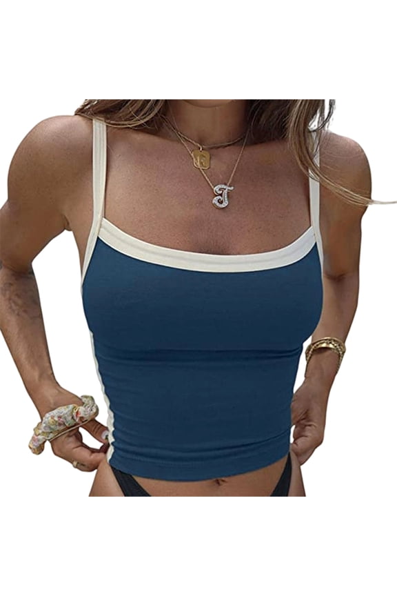 Women Strappy Square Neck Tank Top Color Block Sleeveless Cropped Cami Y2k Egirl Crop Vest Shirt Streetwear Navy S