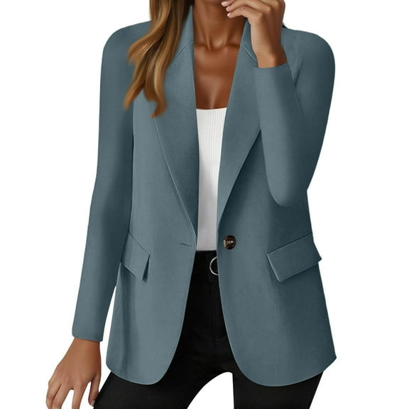 WULMLEO Women Suits Jacket Button Work Office Blazer Business Long Sleeve Fashion Lapel Collar Lightweight Jackets Oversized Casual Solid Petite Formal Mujer Cardigans Sky Blue 2XL