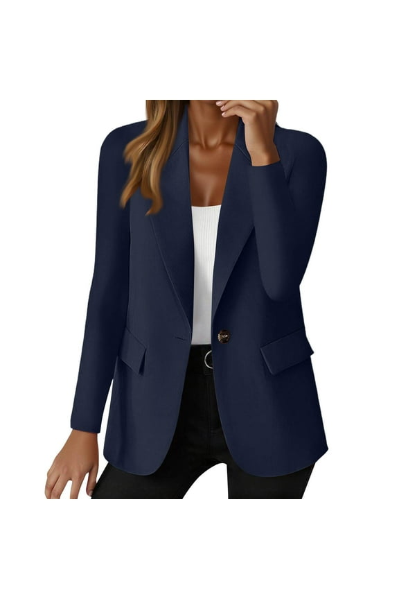 Women Suits Jacket Petite Tweed Casual Jackets Dressy Lightweight Trendy Work Lapel Collar Blazers Business Summer Solid Button Spring Mujer Clothing Navy 3XL