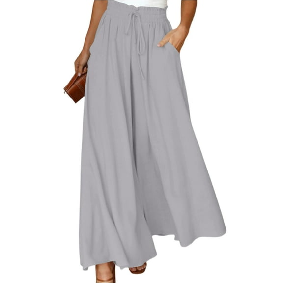 WULMLEO Women Summer Beach Vacation Pants High Waisted Wide Leg Pants Printed Loose Flowy Casual Palazzo Lounge Trousers Gray XL