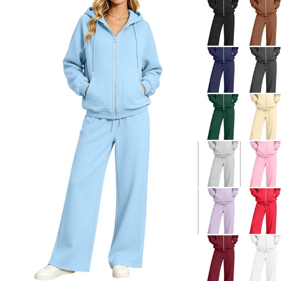 WULMLEO Women Sweatsuits 2 Piece Set Zip Up Hooded Sweatshirts Jacket and Pants Vacation Athletic Matching Sets Blue 4XL