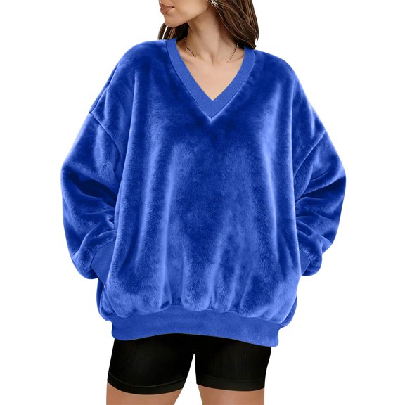 WULMLEO Women V Neck Fuzzy Fleece Pullover Sweatshirt - Oversized Long Sleeve with Pockets Cozy Fall Winter Casual Wear Blue 2XL