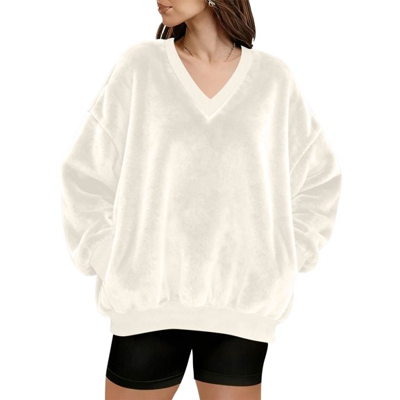 WULMLEO Women V Neck Fuzzy Fleece Pullover Sweatshirt - Oversized Long Sleeve with Pockets Cozy Fall Winter Casual Wear White XL
