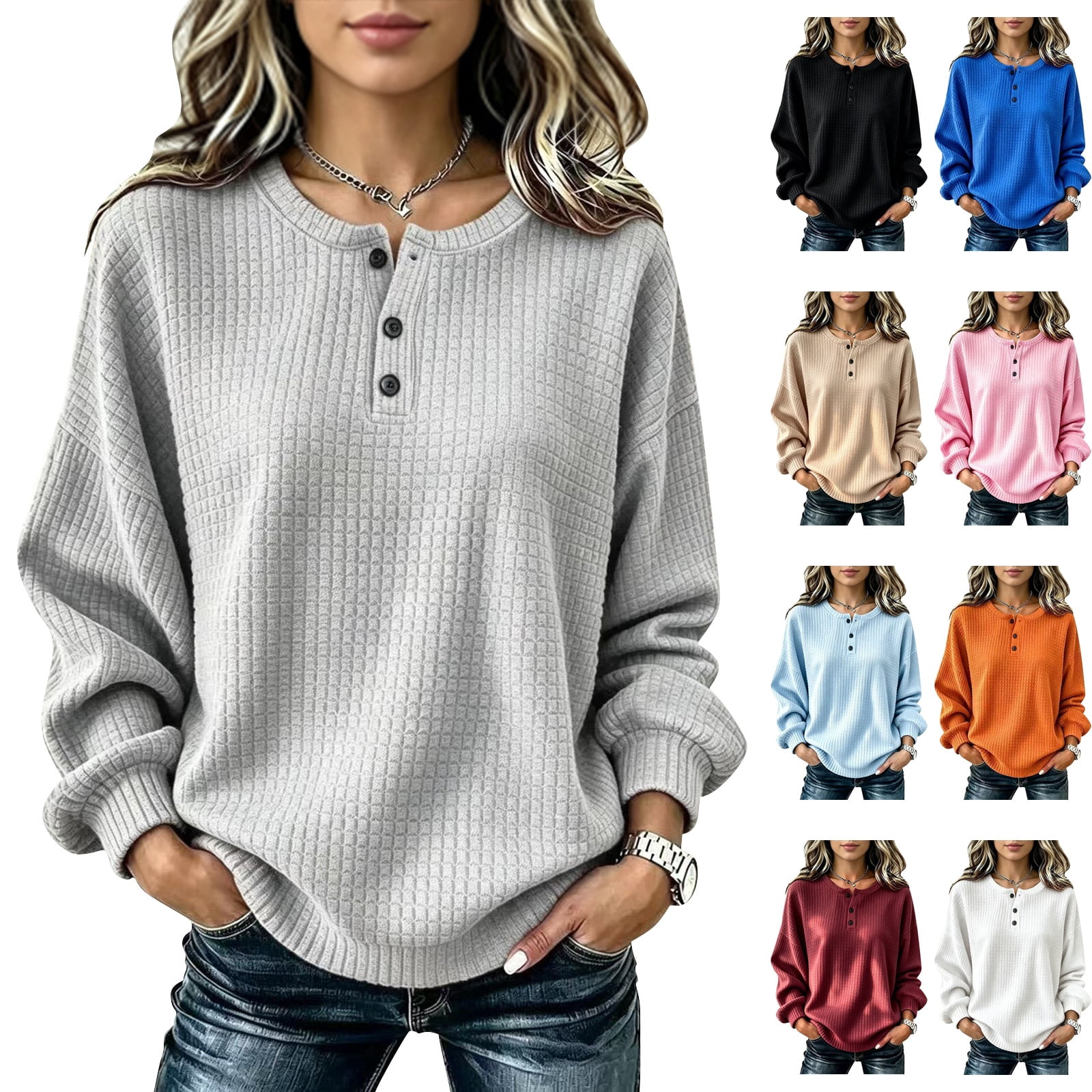 WULMLEO Women Waffle Knit Henley Shirt Partial Button Crew Neck Long ...