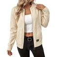 thumbnail image 1 of WULMLEO Women Zip Up Knit Cardigan, Long Sleeve Stand Collar Sweater Jacket with Pockets Soft Lightweight Loose Fit Casual Outerwear Beige M, 1 of 5