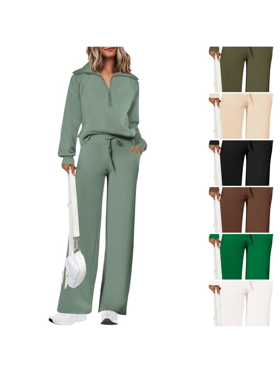 Women's 2 Piece Lounge Set Sweatsuits Half Zip Long Sleeve Sweatshirt Elastic Waist Wide Leg Pants with Pockets Suit Fall Tracksuit Spring Outfits Light Green S