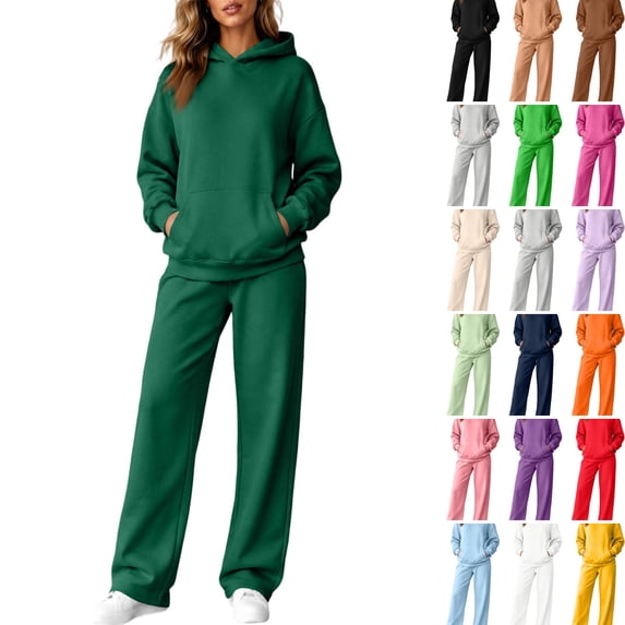 WULMLEO Women's 2 Piece Sets Matching Hooded Sweatshirts and Wide Leg Pants Oversized Sweatsuit Outfits Casual Loose Fit Gym Tracksuit Set Dark Green 2XL