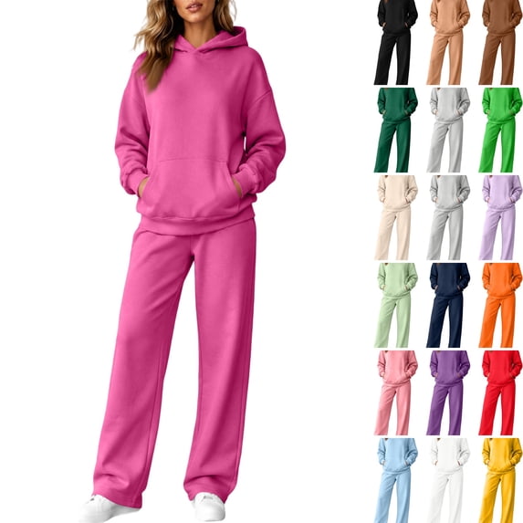 WULMLEO Women's 2 Piece Sets Matching Hooded Sweatshirts and Wide Leg Sweatpants Fitted Tracksuit Set Casual Oversized Going Out Sweatsuit Outfits Hot Pink S