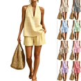 thumbnail image 1 of WULMLEO Women's 2 Piece Sets Outfits Plaid Sleeveless V Neck Tank Top Shorts Sets Casual Loose Fit Summer Beach Vacation Set Yellow 2XL, 1 of 1
