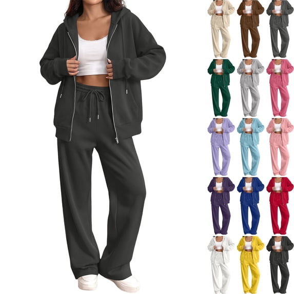 WULMLEO Women's 2 Piece Tracksuit Fall Fashion Long Sleeve Zip Up Cropped Hoodie Wide Leg Pants Joggers Casual Sweatsuit Sets Black 3XL