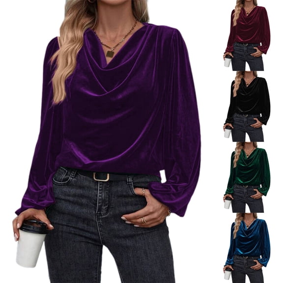 WULMLEO Women's 2025 Fall Trend Velvet Blouse Cowl Neck Puff Sleeve Top Elegant Casual Dressy Shirts for Fall Dark Purple S