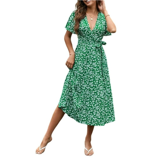 WULMLEO Women's 2025 Fashion V Neck Midi Dress with Pockets Maternity Clothes Nursing Dresses Green L