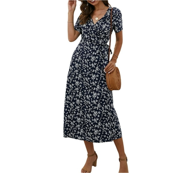 WULMLEO Women's 2025 Fashion V Neck Midi Dress with Pockets Maternity Clothes Nursing Dresses Navy XL