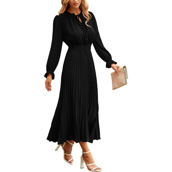 WULMLEO Women's 2025 Spring Fall Midi Dress Casual Long Sleeve V Neck Dot Pleated A Line Flowy Dresses Black 2XL