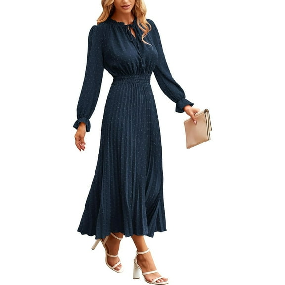 WULMLEO Women's 2025 Spring Fall Midi Dress Casual Long Sleeve V Neck Dot Pleated A Line Flowy Dresses Dark Blue 2XL