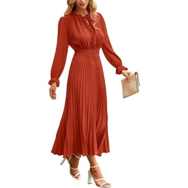 WULMLEO Women's 2025 Spring Fall Midi Dress Casual Long Sleeve V Neck Dot Pleated A Line Flowy Dresses Orange S