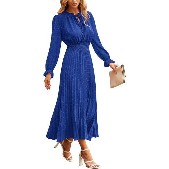 WULMLEO Women's 2025 Spring Fall Midi Dress Casual Long Sleeve V Neck Dot Pleated A Line Flowy Dresses Royal Blue XL