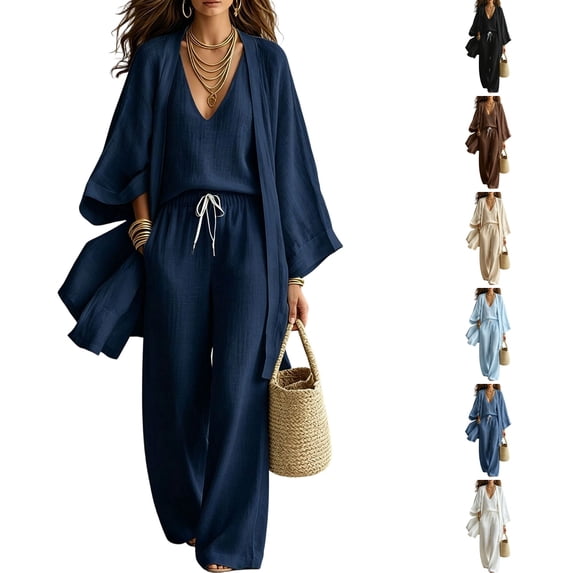 WULMLEO Women's 3 Piece Sets Linen Fall V Neck Tank Tops Wide Long Sleeve Cardigan Wide Leg Pants Tracksuit 2026 Casual Comfort Suits Athletic Outfits Navy 3XL