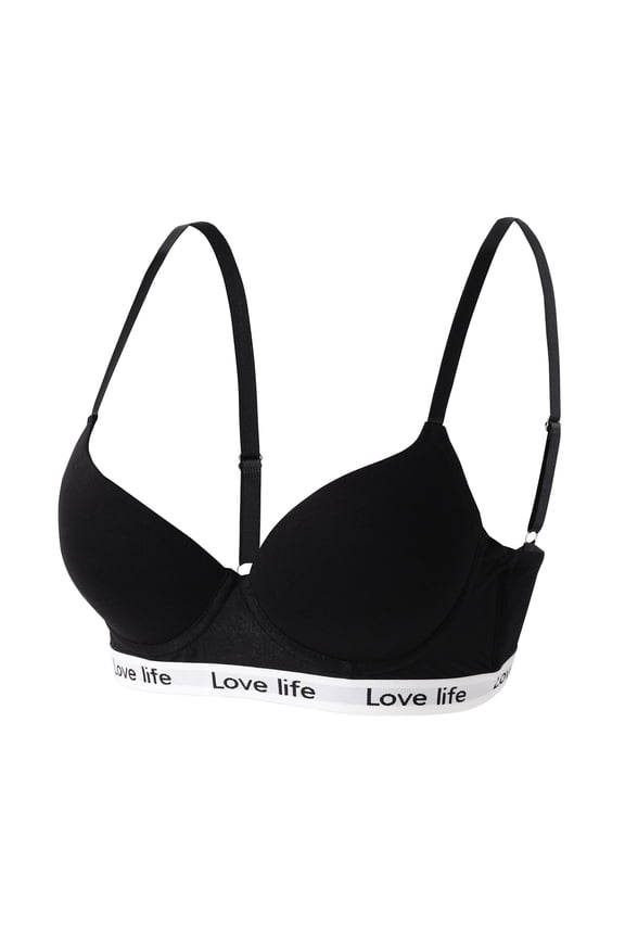 Women's Adjustable Strap Cotton Bra, "Love Life" Logo Underwire Support Bra for Everyday Wear Black 75C