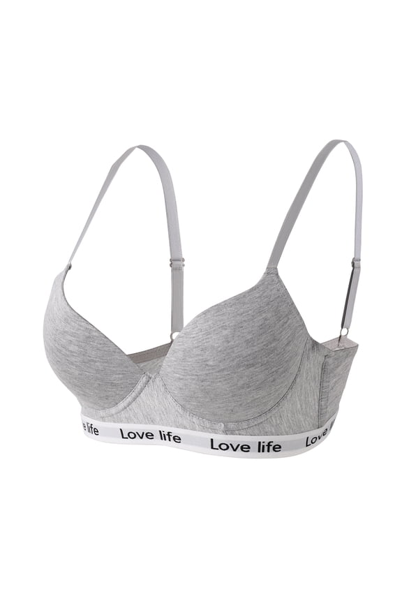 Women's Adjustable Strap Cotton Bra, "Love Life" Logo Underwire Support Bra for Everyday Wear Gray 75B