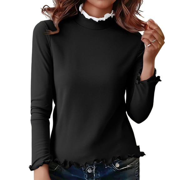 WULMLEO Women's Basic Long Sleeve Mock Turtleneck T-Shirts 2026 Spring Casual Lightweight Warm Loose Solid Color Base Blouse Black L
