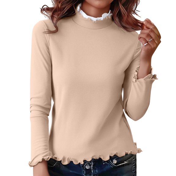WULMLEO Women's Basic Long Sleeve Mock Turtleneck T-Shirts 2026 Spring Casual Lightweight Warm Loose Solid Color Base Blouse Light Brown L
