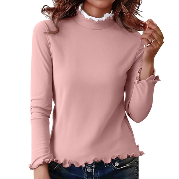 WULMLEO Women's Basic Long Sleeve Mock Turtleneck T-Shirts 2026 Spring Casual Lightweight Warm Loose Solid Color Base Blouse Pink L