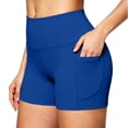 thumbnail image 1 of WULMLEO Women's Biker Shorts No Front Seam 4" High Waist Tummy Control Workout Yoga Gym Running Spandex Shorts Pockets Blue L, 1 of 6