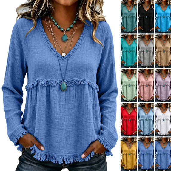 WULMLEO Women's Boho Western Fringe Tops Bohemian Gauze Cotton Linen Flowy Shirts Dark Blue XL
