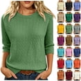 thumbnail image 1 of WULMLEO Women's Cable Knit Sweaters Crewneck Three Quarter Sleeve Soft Pullover Tops Army Green XL, 1 of 5