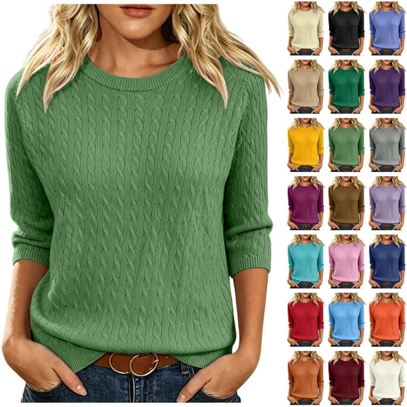 WULMLEO Women's Cable Knit Sweaters Crewneck Three Quarter Sleeve Soft Pullover Tops Army Green XL