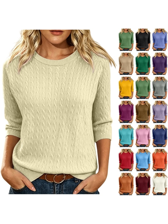 Women's Cable Knit Sweaters Crewneck Three Quarter Sleeve Soft Pullover Tops Beige L