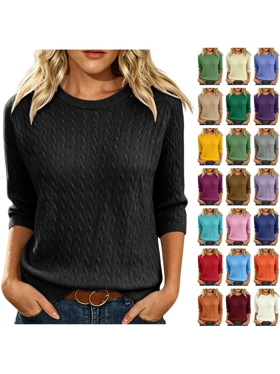 Women's Cable Knit Sweaters Crewneck Three Quarter Sleeve Soft Pullover Tops Black M